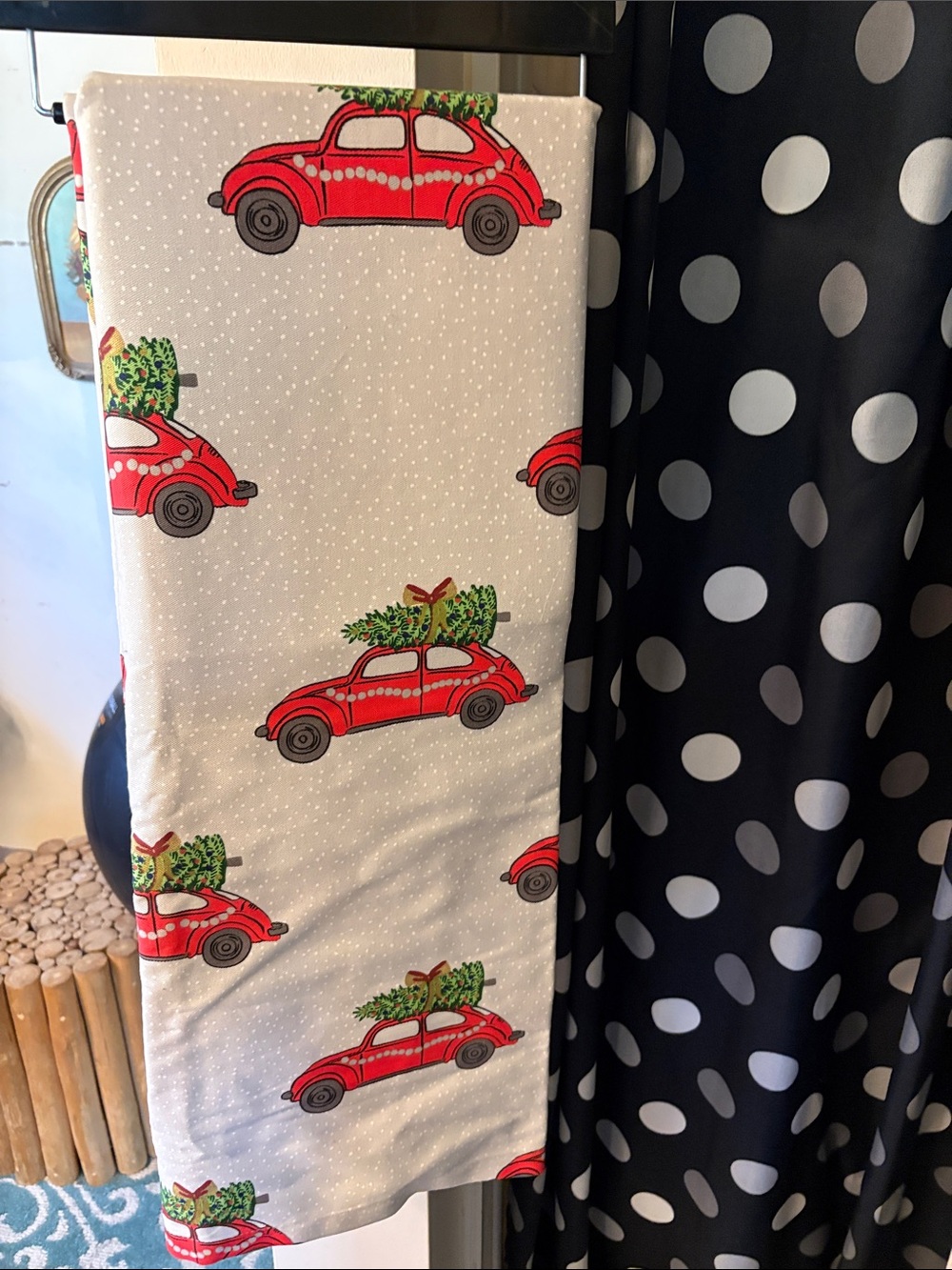 Holiday Red Vintage Bettle Bug Car Print with Christmas Tree Shower Curtain